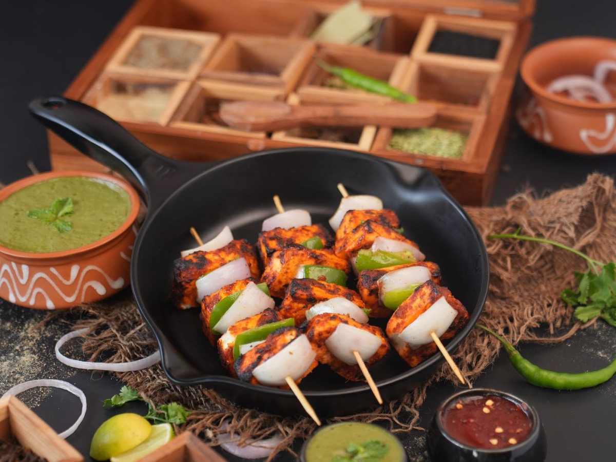 Paneer tikka kebabs with onion and peppers
